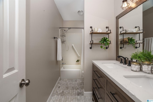 full bathroom with tile patterned floors, vanity, shower / bath combination with curtain, and toilet