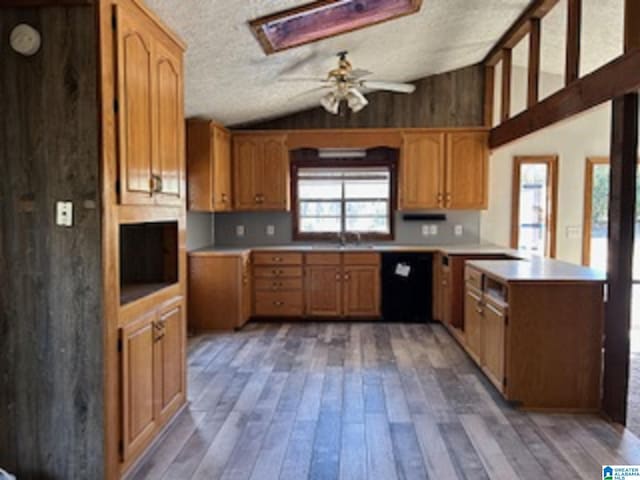 kitchen with vaulted ceiling with skylight, a textured ceiling, ceiling fan, hardwood / wood-style flooring, and dishwasher