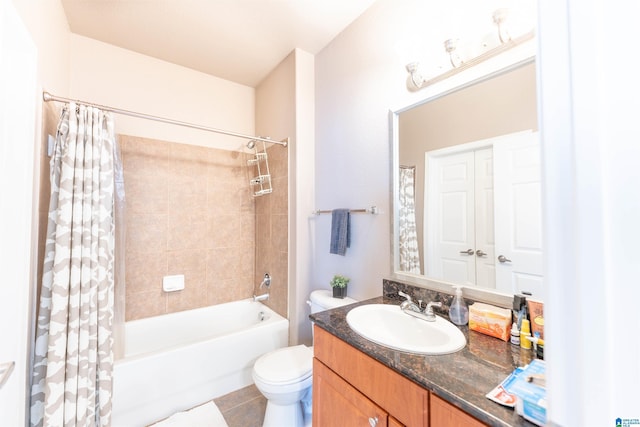 full bathroom featuring vanity, tile patterned floors, shower / bath combination with curtain, and toilet