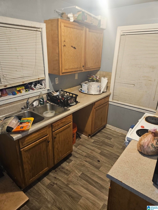 kitchen with stove, dark hardwood / wood-style flooring, and sink