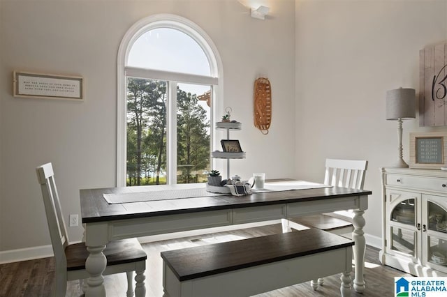 dining space with dark hardwood / wood-style flooring