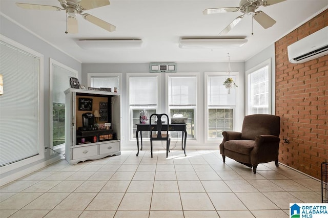 living area featuring a wall mounted air conditioner, ornamental molding, brick wall, ceiling fan, and light tile patterned flooring