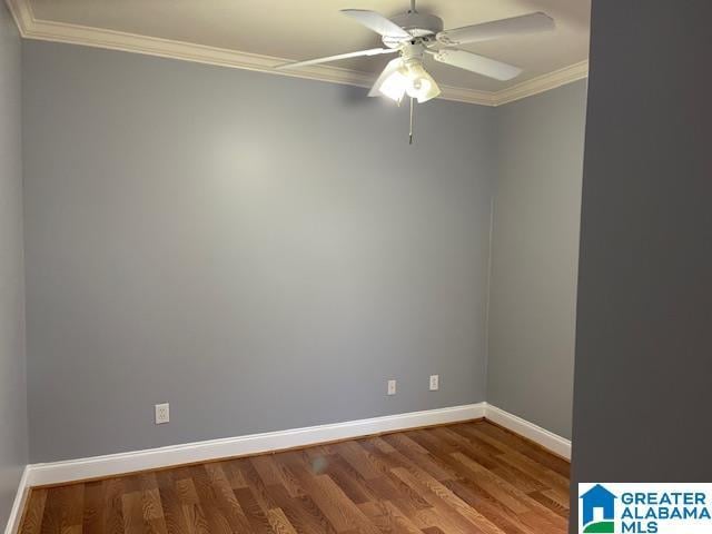 unfurnished room with crown molding, hardwood / wood-style floors, and ceiling fan