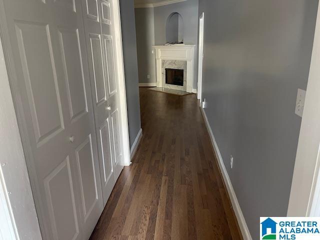 corridor featuring dark hardwood / wood-style flooring and crown molding