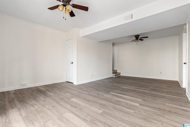 empty room featuring ceiling fan and light hardwood / wood-style floors