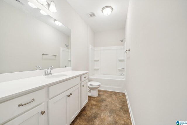 full bathroom featuring toilet, vanity, and bathing tub / shower combination