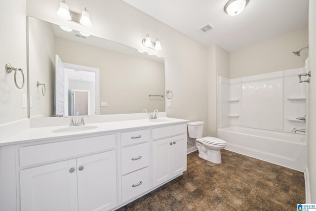 full bathroom with bathing tub / shower combination, vanity, and toilet