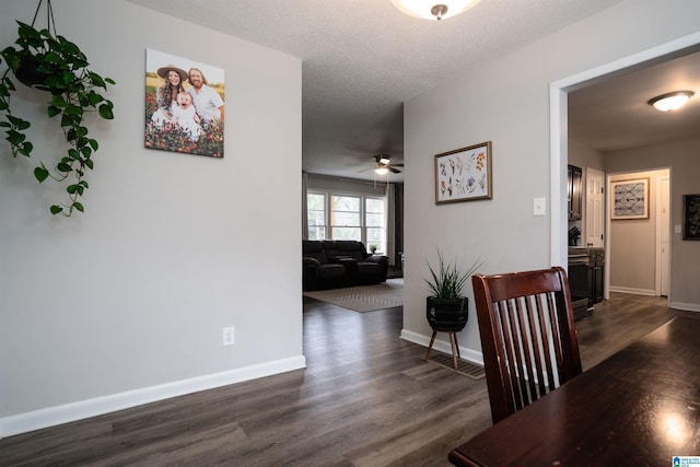 interior space featuring a textured ceiling, ceiling fan, and dark hardwood / wood-style floors