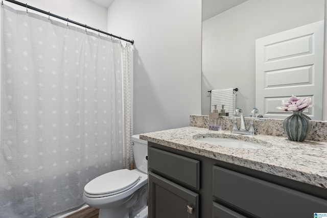 bathroom with wood-type flooring, vanity, and toilet