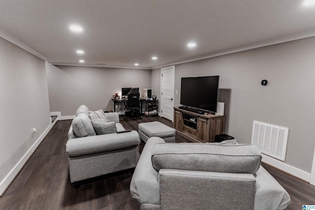 living room with dark wood-type flooring