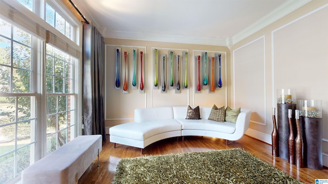 interior space featuring wood-type flooring and ornamental molding