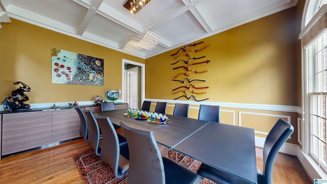 dining room with a chandelier, wood-type flooring, coffered ceiling, and beam ceiling