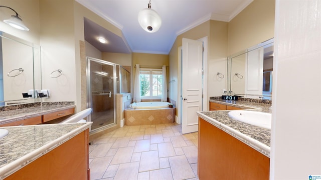 bathroom with vanity, tile patterned floors, independent shower and bath, and crown molding