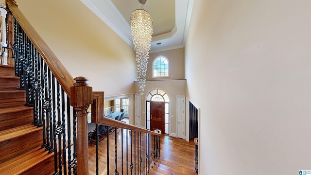 entryway featuring an inviting chandelier, a raised ceiling, hardwood / wood-style floors, a towering ceiling, and ornamental molding