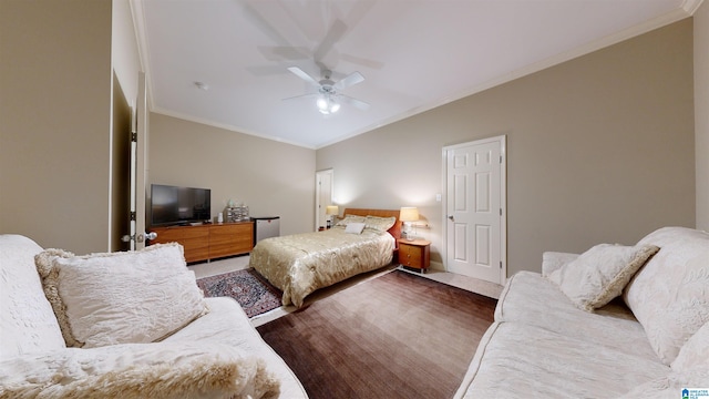 bedroom featuring ceiling fan, crown molding, and carpet floors