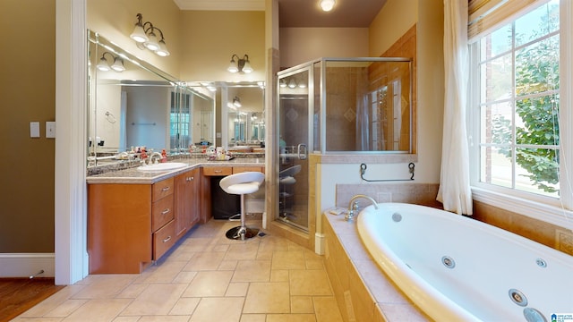 bathroom featuring vanity and plus walk in shower