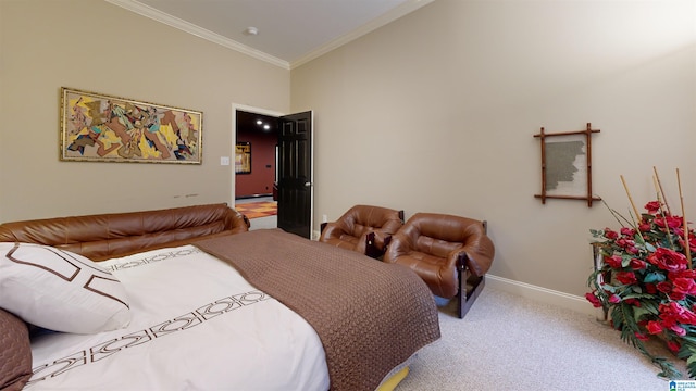 carpeted bedroom with crown molding