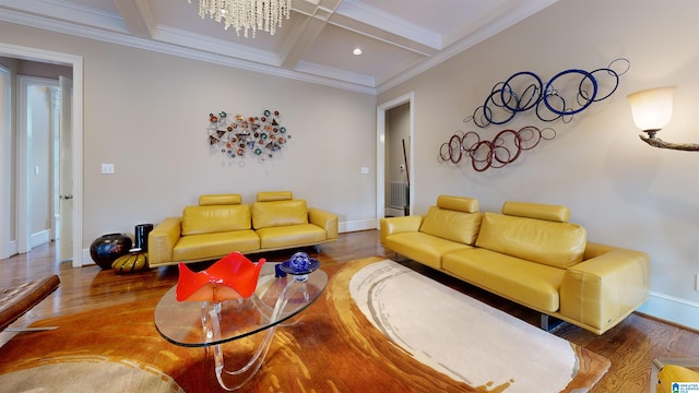 living room featuring coffered ceiling, crown molding, beamed ceiling, wood-type flooring, and a chandelier