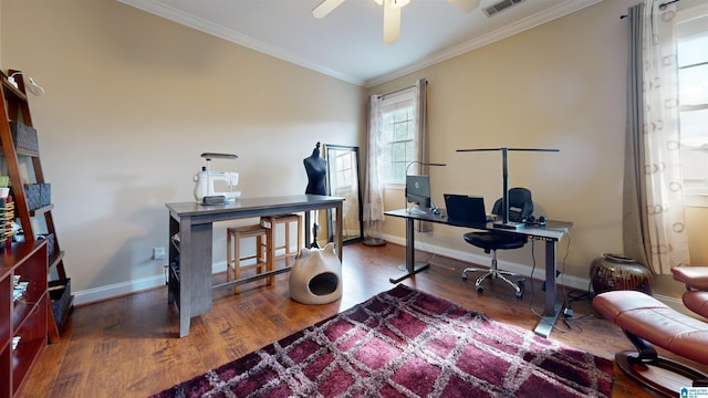 office with hardwood / wood-style flooring, ceiling fan, and ornamental molding