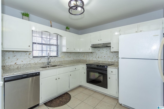 kitchen with stainless steel dishwasher, sink, black electric range oven, white cabinetry, and white refrigerator