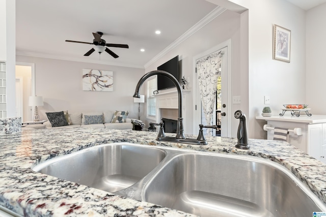 interior details with crown molding, ceiling fan, light stone counters, and sink