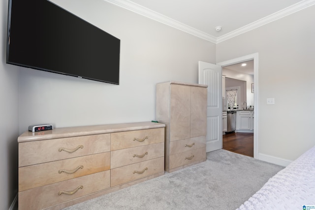 bedroom featuring light colored carpet and ornamental molding