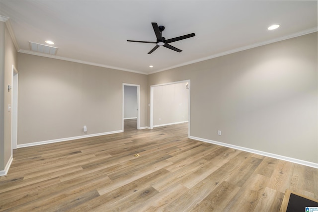 unfurnished bedroom with light wood-type flooring, ceiling fan, and ornamental molding