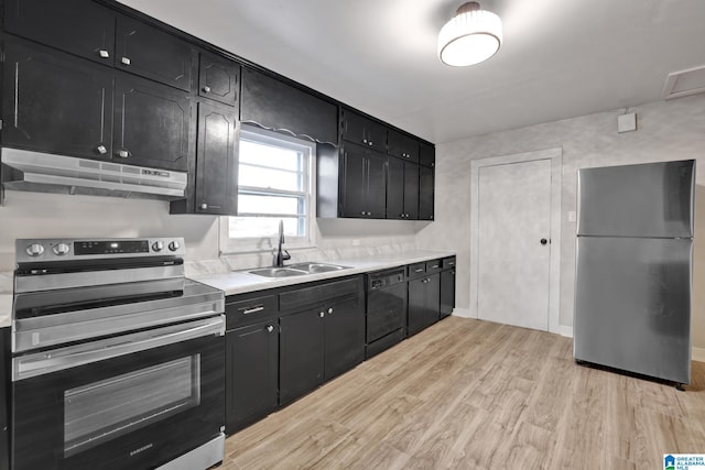 kitchen with sink, stainless steel appliances, and light hardwood / wood-style flooring