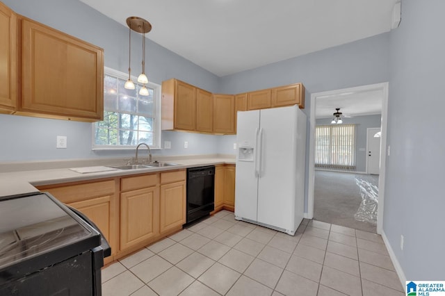 kitchen with dishwasher, light carpet, sink, white fridge with ice dispenser, and decorative light fixtures