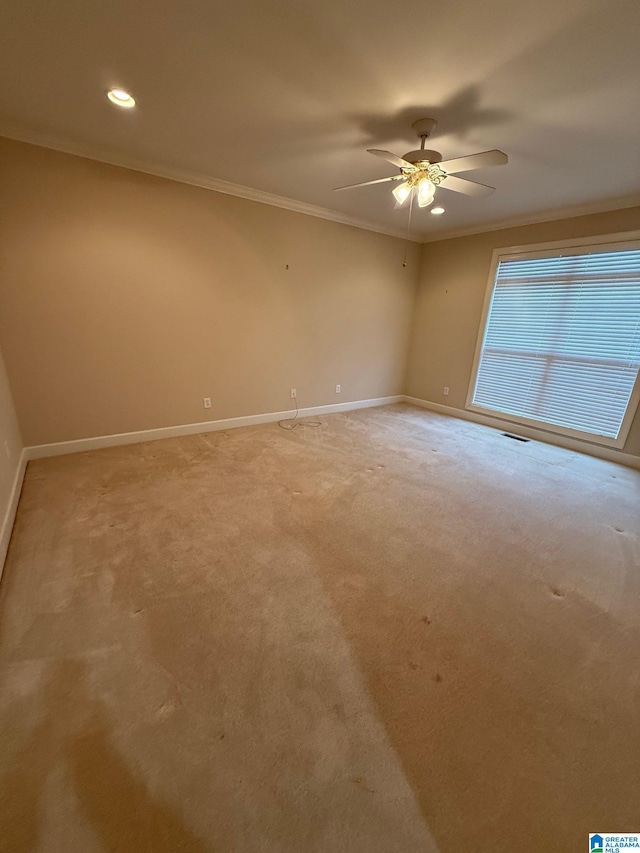 spare room with carpet, ceiling fan, and crown molding