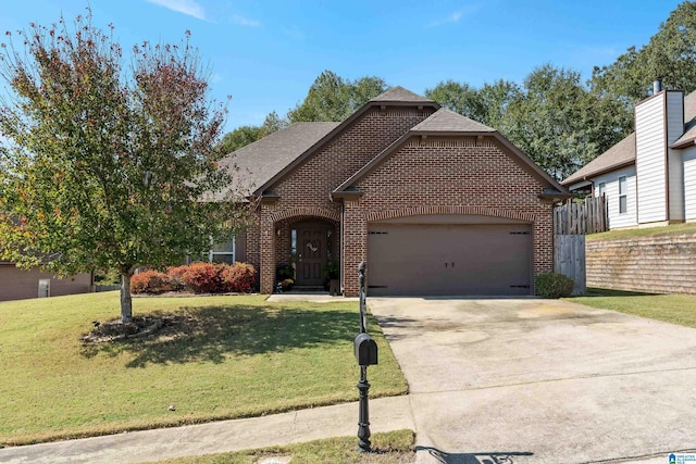 view of front of home with a front yard and a garage