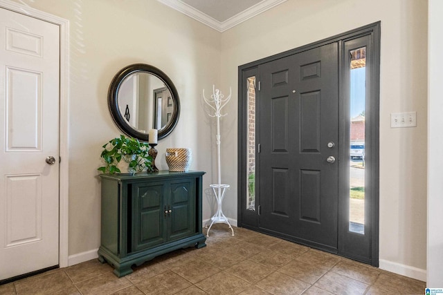 entryway featuring tile patterned flooring and crown molding