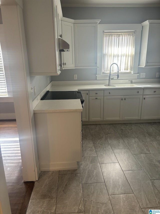 kitchen with white cabinetry, sink, and range