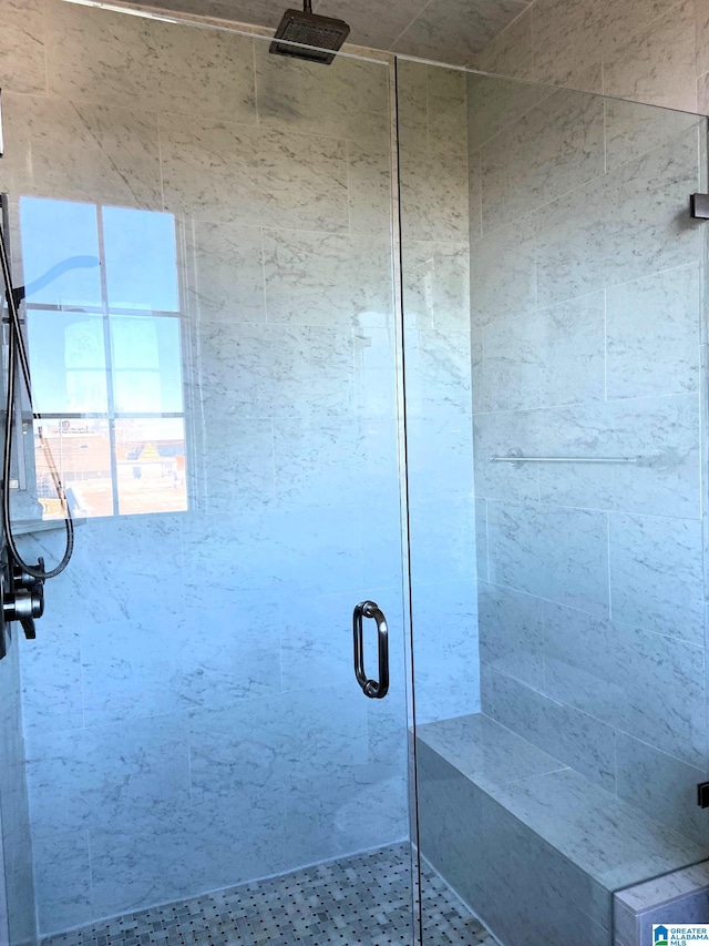 bathroom featuring a shower with shower door