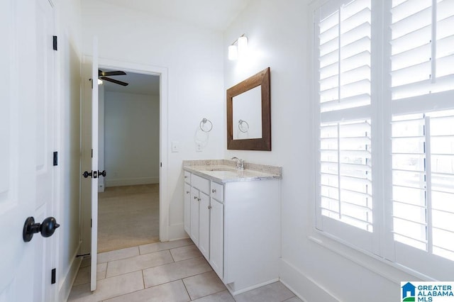 bathroom with vanity, tile patterned floors, and ceiling fan