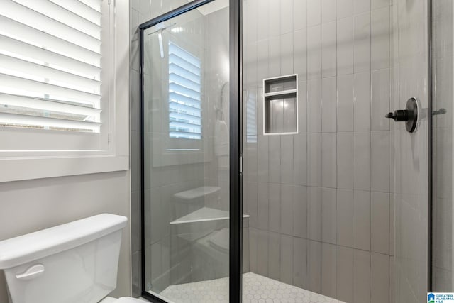 bathroom with a healthy amount of sunlight, an enclosed shower, and toilet