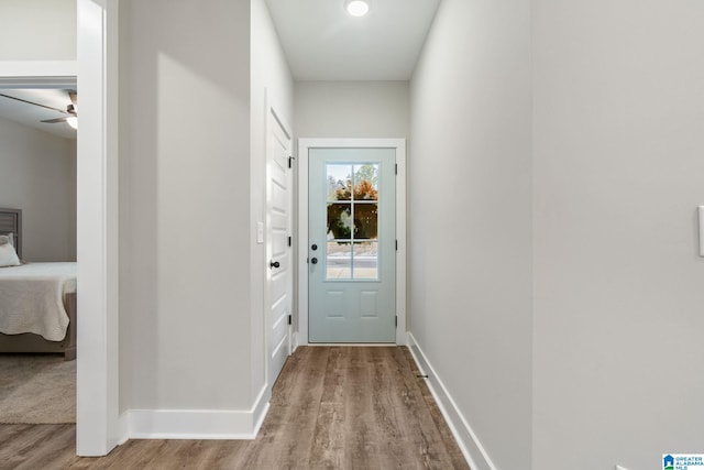 entryway featuring light hardwood / wood-style flooring and ceiling fan