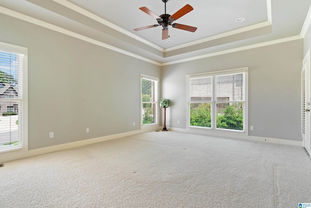 carpeted empty room featuring a raised ceiling, ceiling fan, and a healthy amount of sunlight