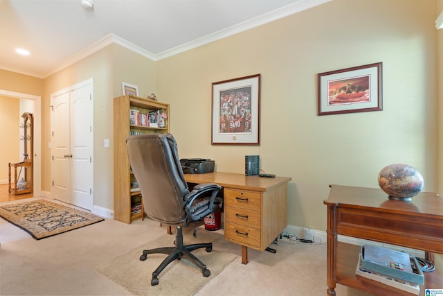 home office featuring light carpet and crown molding