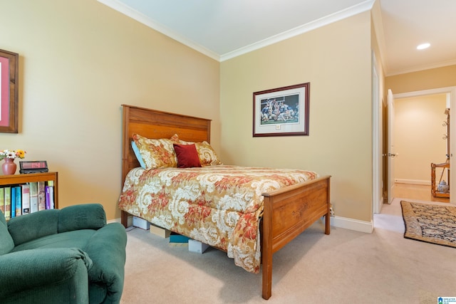 bedroom featuring crown molding and light carpet