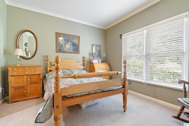 carpeted bedroom featuring ornamental molding