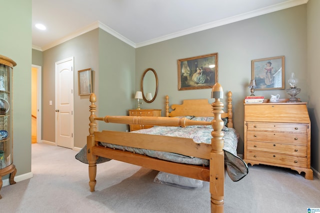 carpeted bedroom featuring ornamental molding