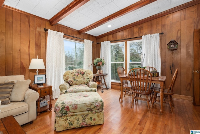 interior space with beamed ceiling, light wood-type flooring, plenty of natural light, and wood walls