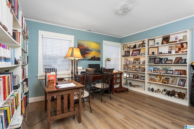 office with wood-type flooring and crown molding