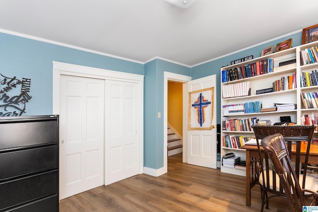 office area featuring dark hardwood / wood-style flooring and ornamental molding