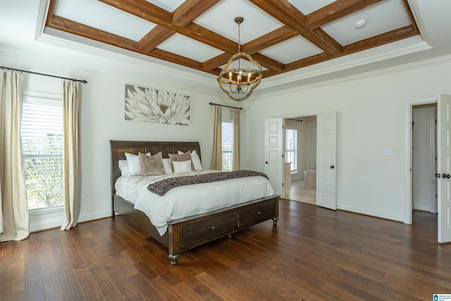 bedroom featuring ensuite bath, dark hardwood / wood-style floors, a chandelier, and coffered ceiling