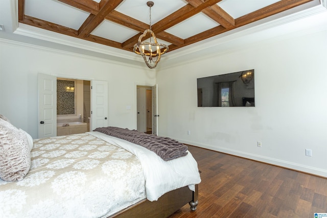 bedroom with beam ceiling, dark hardwood / wood-style flooring, ensuite bath, and coffered ceiling