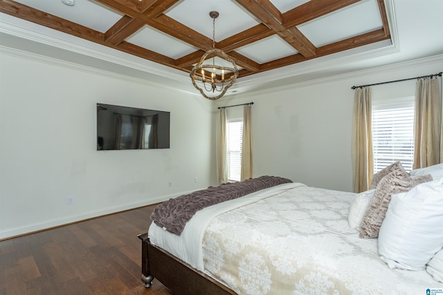 bedroom with multiple windows, beamed ceiling, dark hardwood / wood-style floors, and coffered ceiling