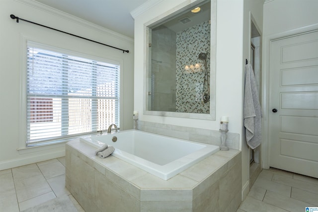 bathroom with shower with separate bathtub, tile patterned floors, and ornamental molding