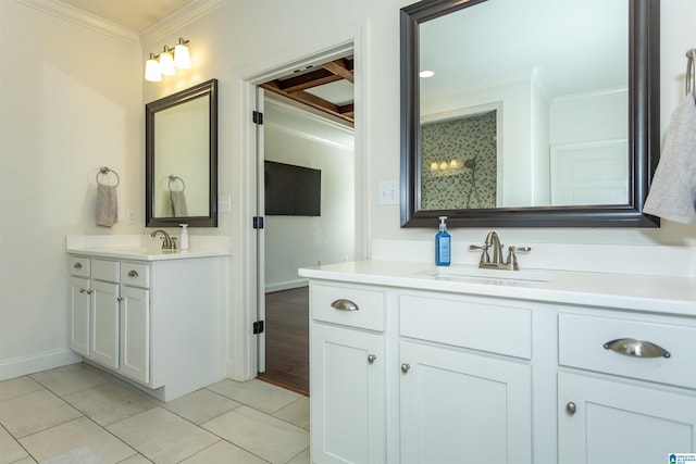 bathroom featuring tile patterned floors, vanity, and ornamental molding